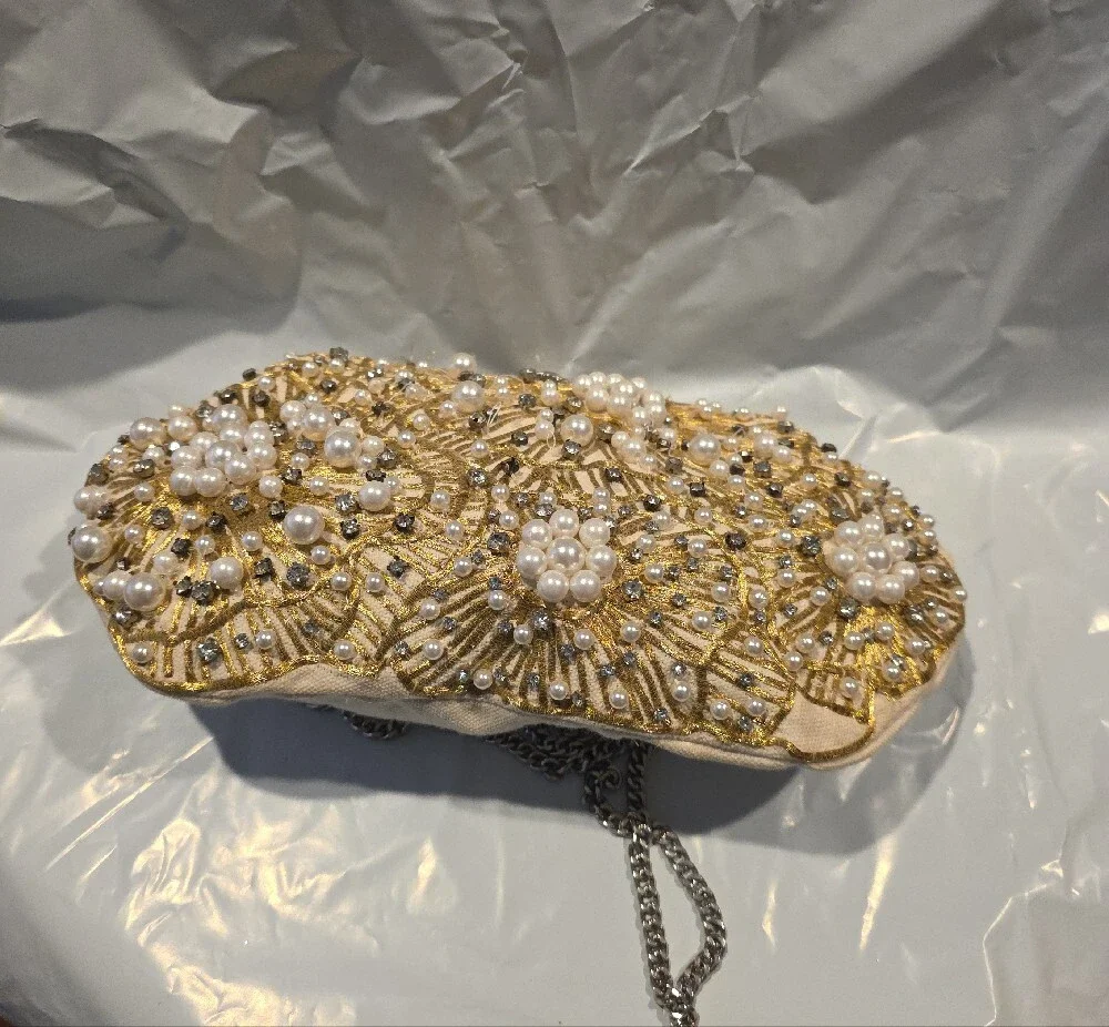 Gold Pearl & Crystal Embellished Evening Clutch